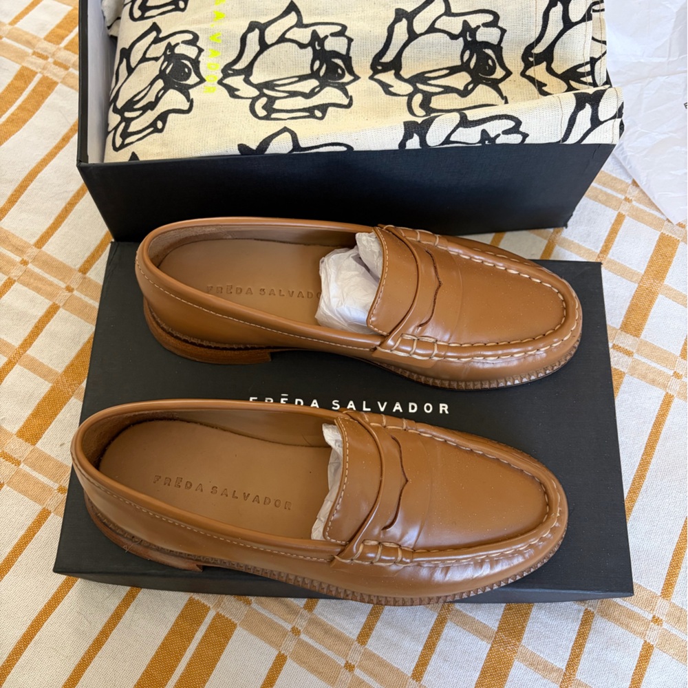 Freda Salvador Tan Leather Penny Loafers